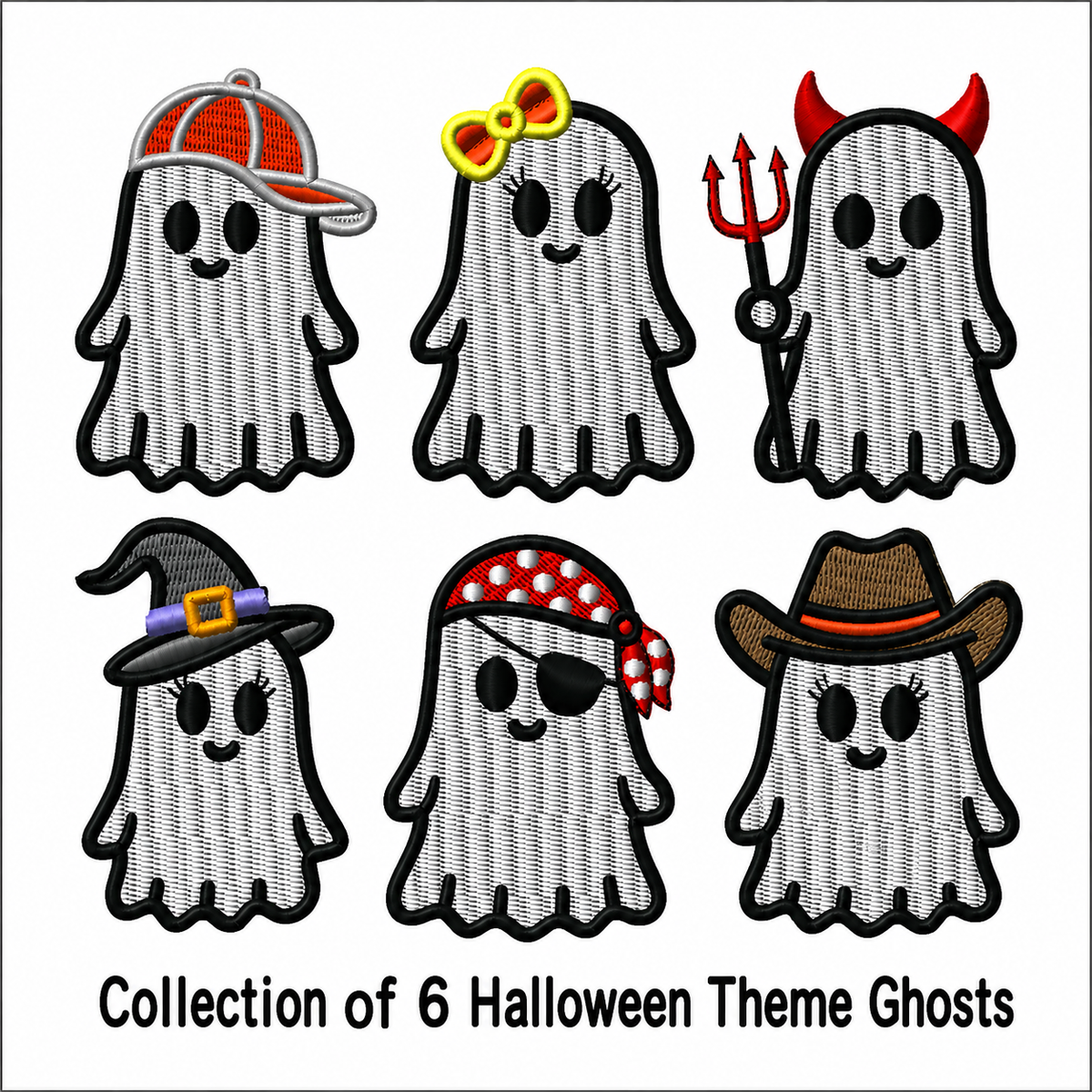 Halloween Collection of 6 Ghost Designs Pirate Cowboy Witch Devil Girl Boy Trick or Treat Digital Embroidery Download