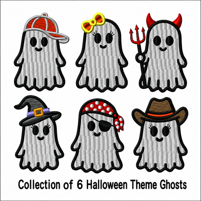 Halloween Collection of 6 Ghost Designs Pirate Cowboy Witch Devil Girl Boy Trick or Treat Digital Embroidery Download