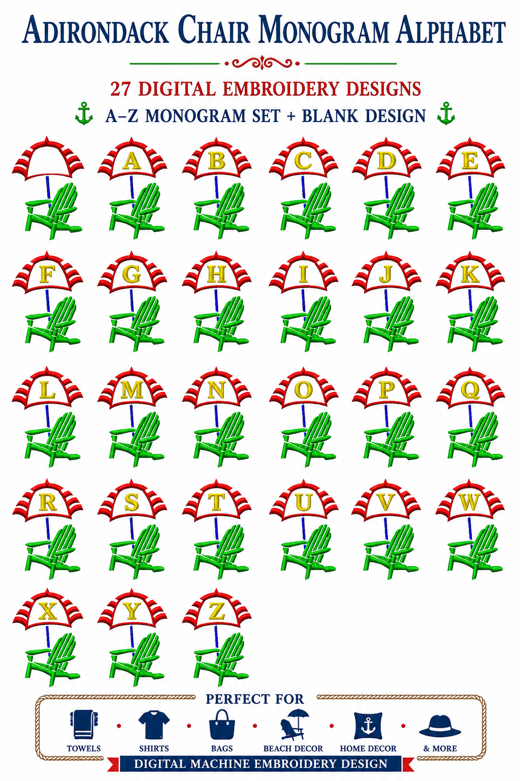 Adirondack Chair Umbrella Monogram Collection of 27 Designs A-Z Alphabet and Blank Digital Embroidery Designs