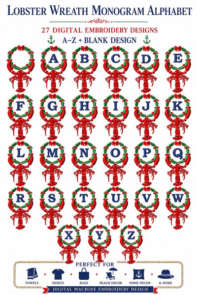 Lobster Wreath Monogram Collection of 27 Designs A-Z Alphabet and Blank Digital Embroidery Designs