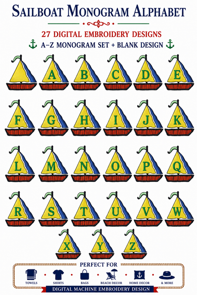 Sailboat Monogram Collection of 27 Designs A-Z Alphabet and Blank Sail Custom Digital Embroidery Designs