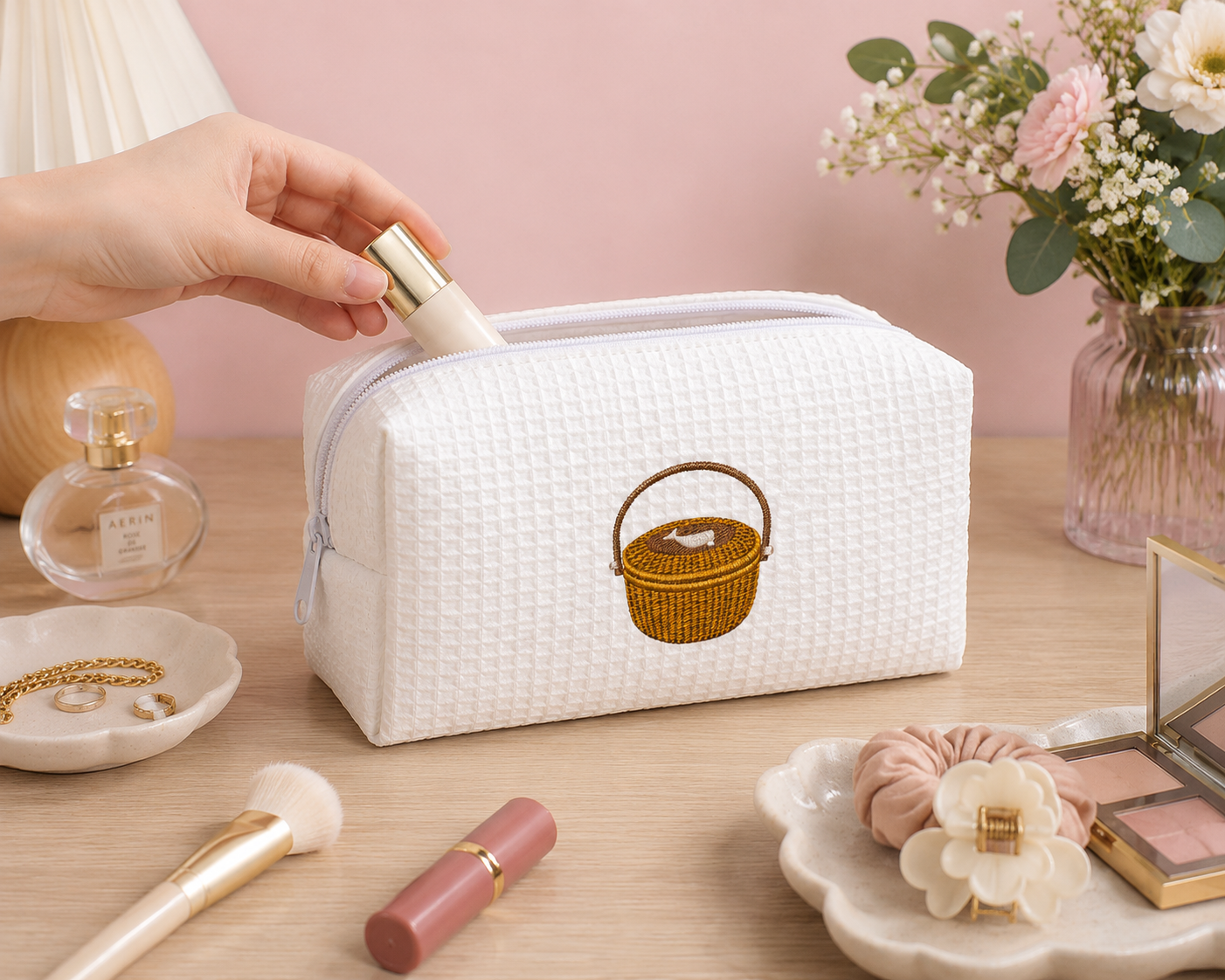 Nantucket Basket Embroidered Makeup Bag | Coastal Gift