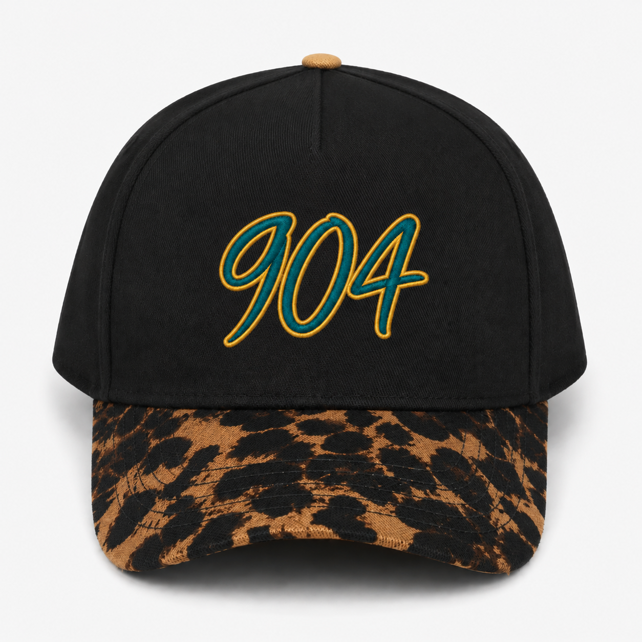 904 Embroidered Cap | Black Crown & Leopard Print Visor | Northeast Florida Gift