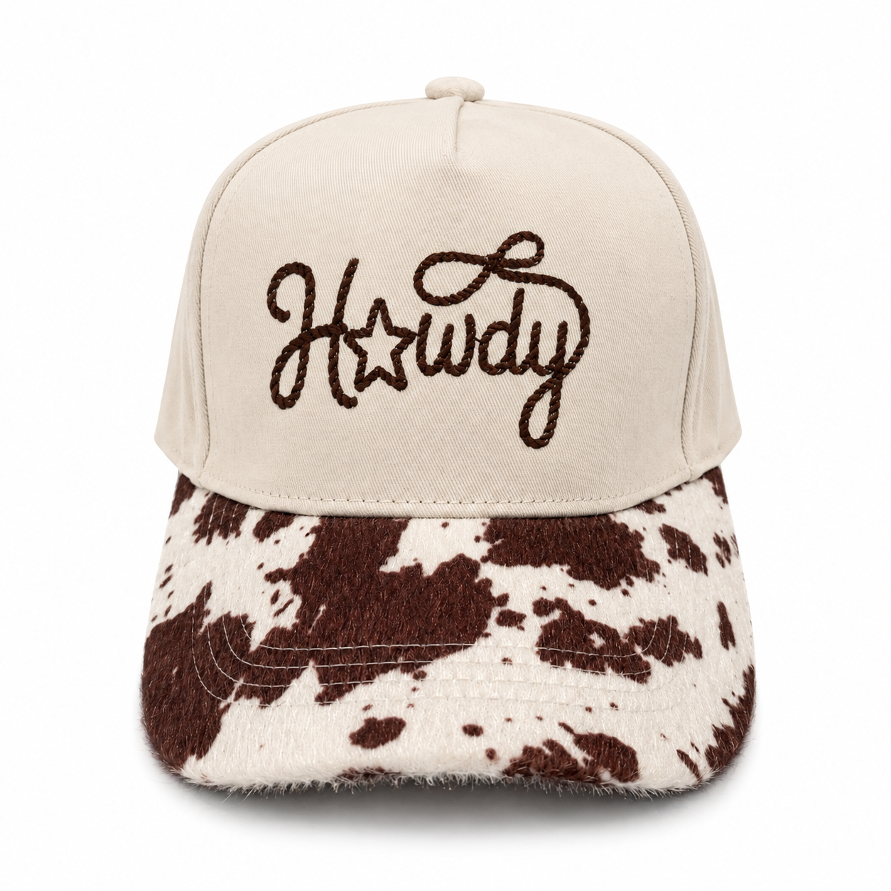 Howdy Embroidered Cap | Brown & White Cow Print Visor | Country Western Gift