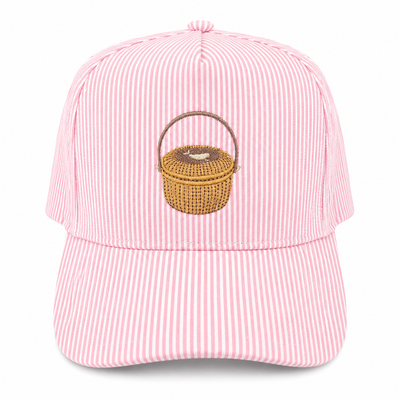 Nantucket Basket Embroidered Cap | Pink Seersucker Stripe | Nantucket Gift
