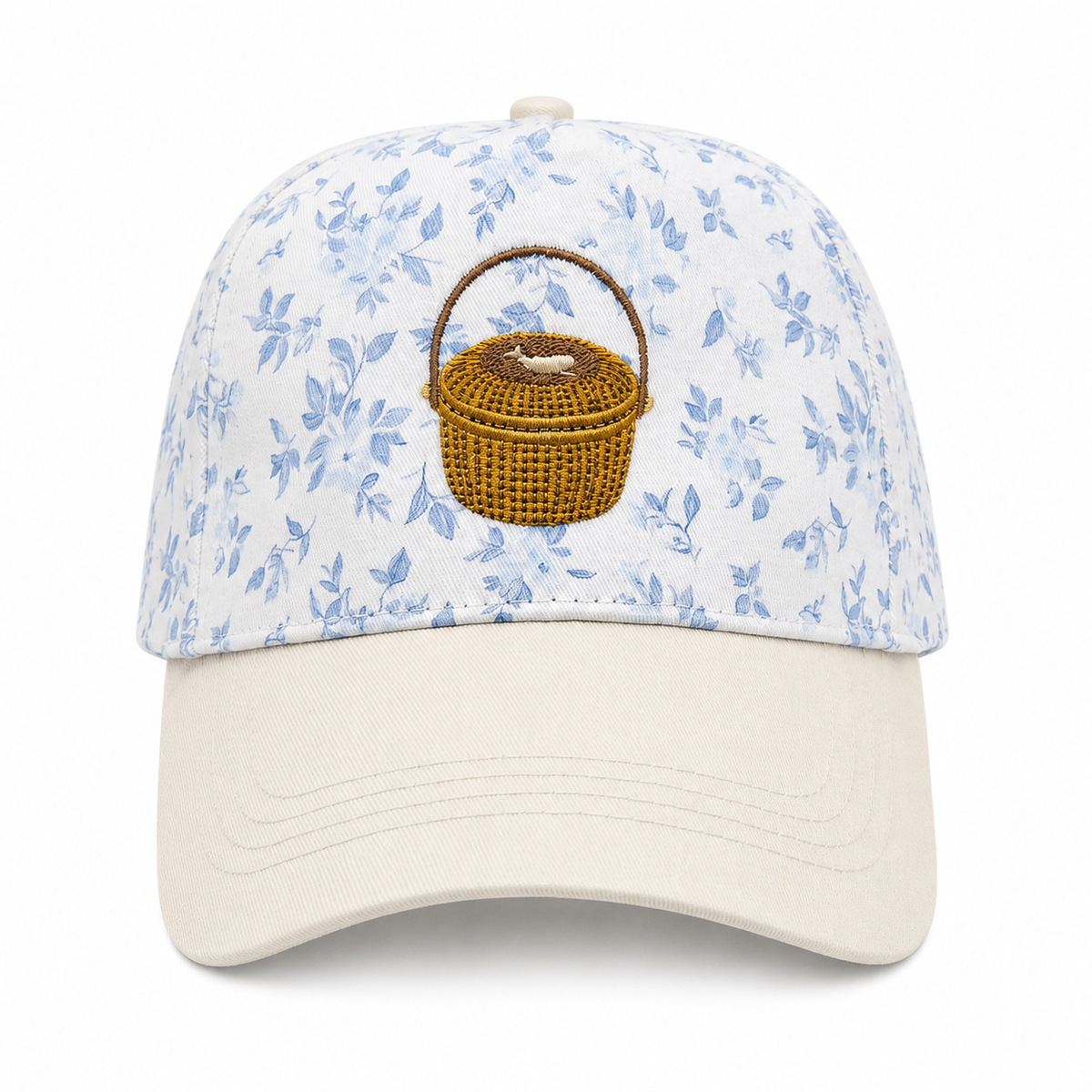 Nantucket Basket Embroidered Cap | Blue Floral Crown & Tan Visor | Coastal Gift