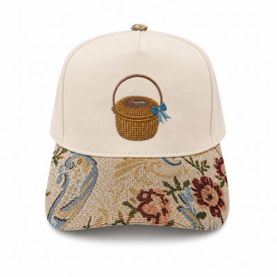 Nantucket Basket with Bow Embroidered Cap | Multi-Color Floral Brocade Visor | Coastal Gift