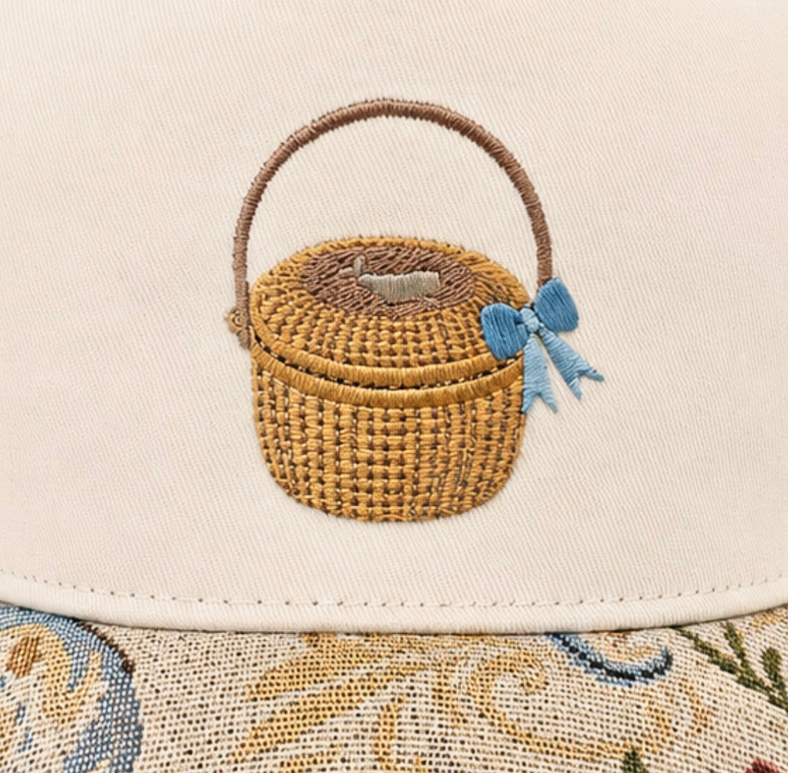 Nantucket Basket with Bow Embroidered Cap | Multi-Color Floral Brocade Visor | Coastal Gift