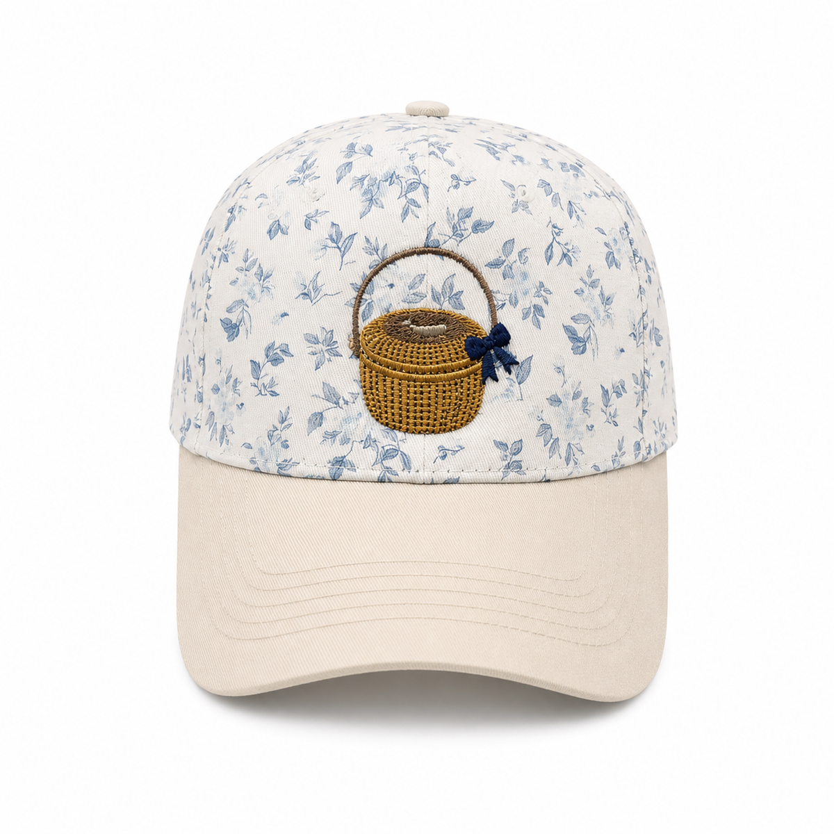 Nantucket Basket with Bow Embroidered Cap | Blue Floral Crown & Tan Visor | Coastal Gift