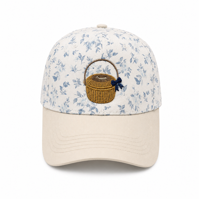 Nantucket Basket with Bow Embroidered Cap | Blue Floral Crown & Tan Visor | Coastal Gift