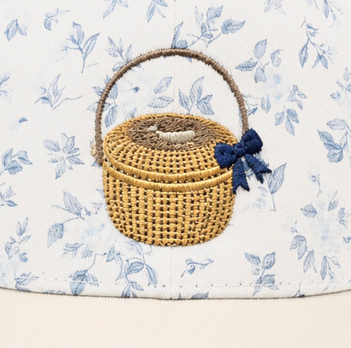 Nantucket Basket with Bow Embroidered Cap | Blue Floral Crown & Tan Visor | Coastal Gift