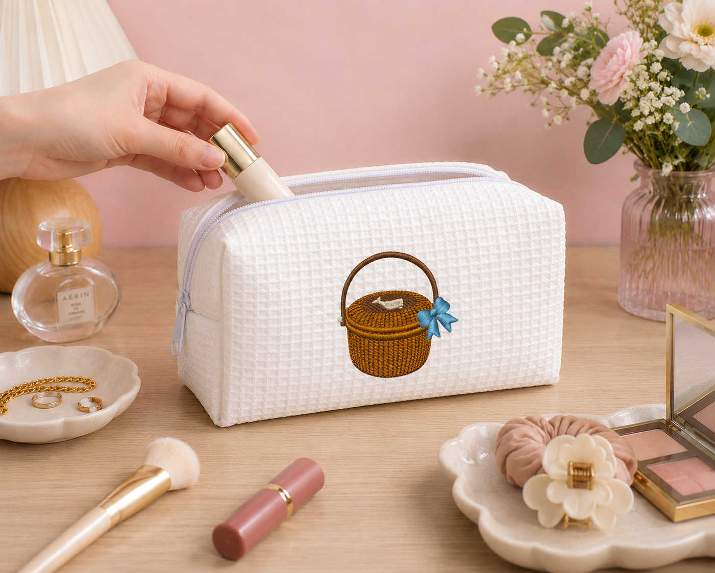 Nantucket Basket with Bow Embroidered Makeup Bag | Coastal Gift